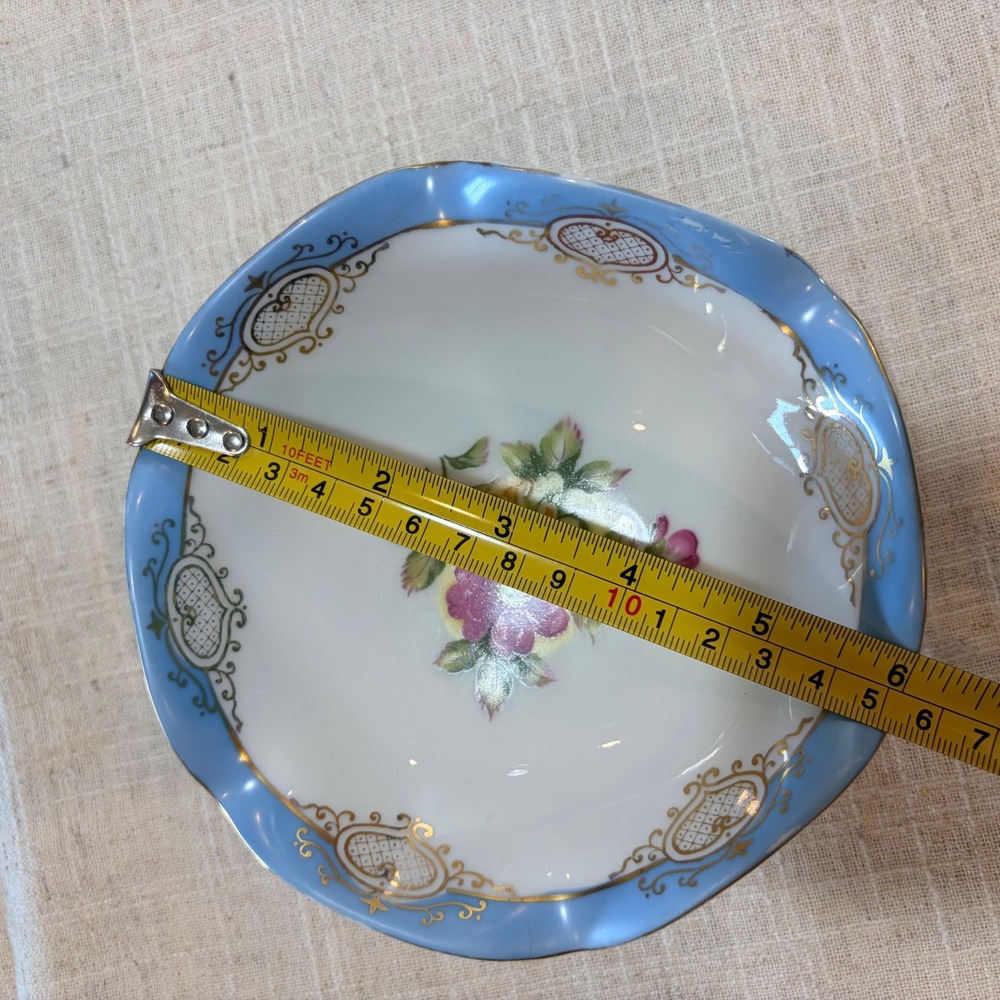 Ucagco China Footed Trinket Dish Occupied Japan Blue Gold Floral Scalloped 6" - Picture 6 of 6